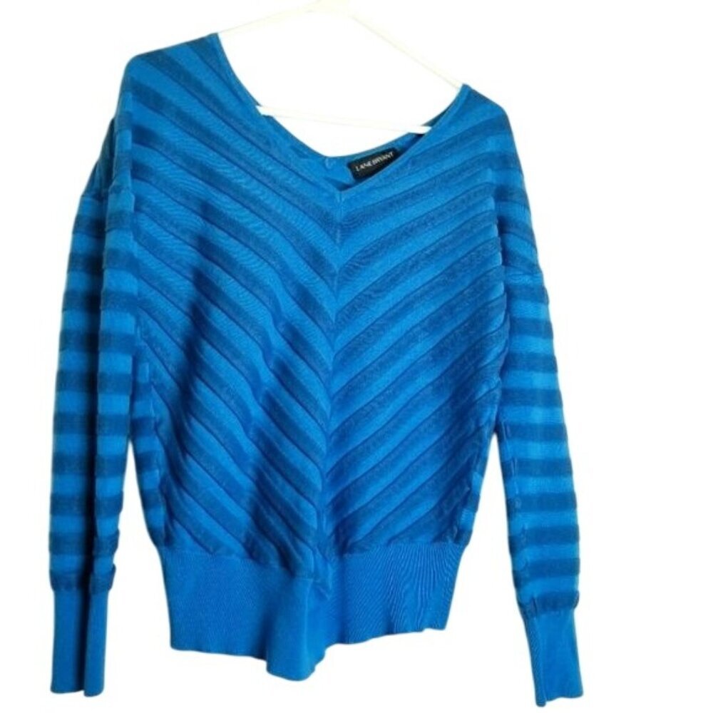 Lane Bryant‎ Womens Blue Striped V-Neck Sweater Size 14/16 Rayon & Nylon Blend